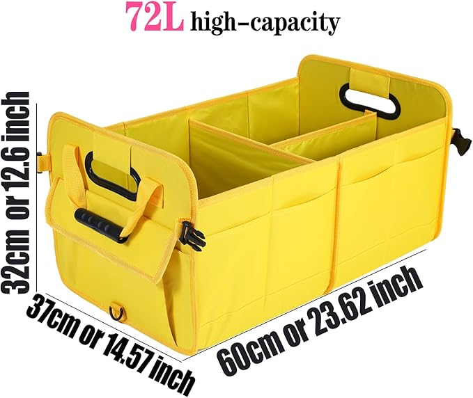Car Suv Trunk Organizer,Sturdy Storage Organizer for Car Accessories,Tools,Sundries.Upgraded 4 Carrying Handles,72L,Foldable,Waterproof,Multi Compartment,2 Straps for Fixation (Yellow B)