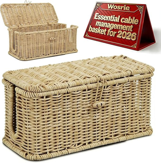 Handwoven Rattan Cable Management Box, Basket to Hide Cords, Open Slots Hider Boxes, Wicker Charging Station Storage Box, For Desk Outlet Covers for Power Strip TV Pc Router(Beige L)