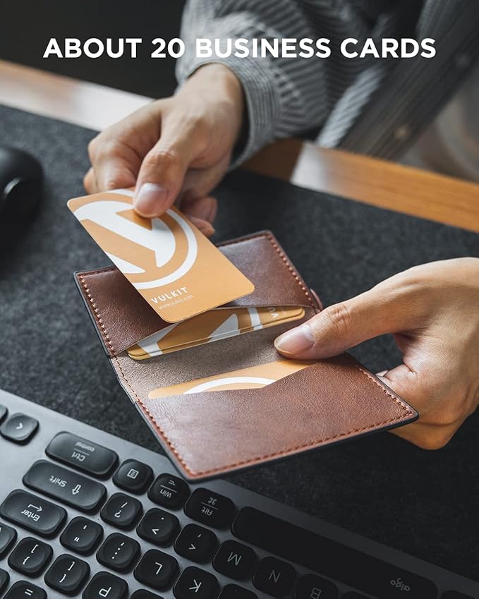 VULKIT Leather Business Card Holder 2 Sided Slim Business Name Card Organizer for Men or Women, Up to hold 20 cards (Vintage Brown)