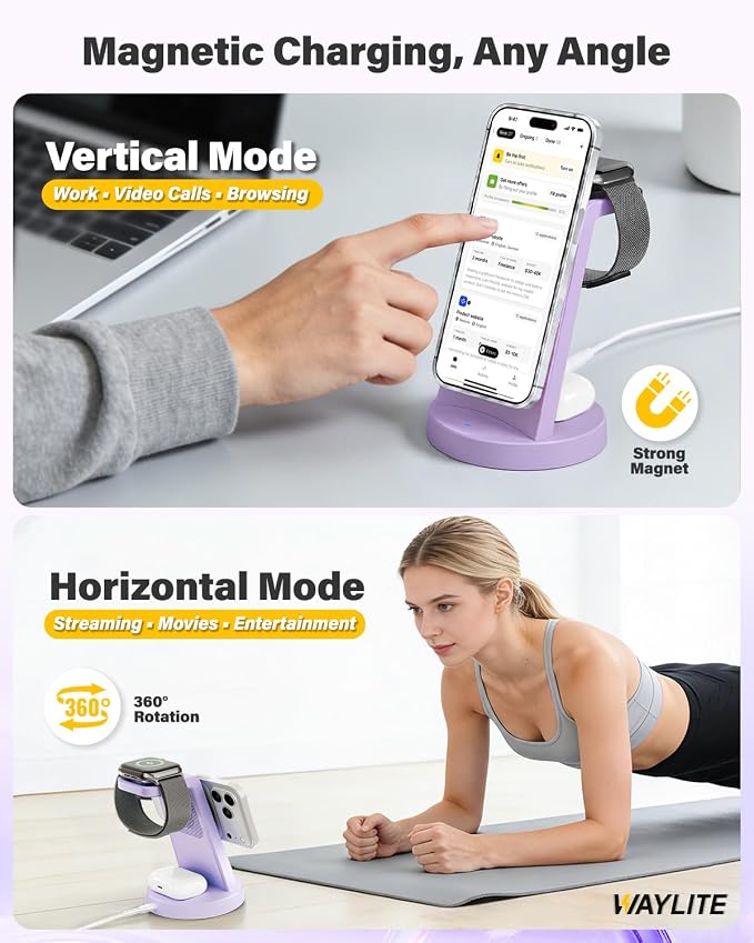 3 in 1 Fast Charging Station for iPhone, 25W Wireless Magnetic Phone Charger for iPhone 17 16e 16 15 14 13 12 Serise, Watch Charger Stand, Wireless Charging Station for AirPods 4 3 Pro, Purple