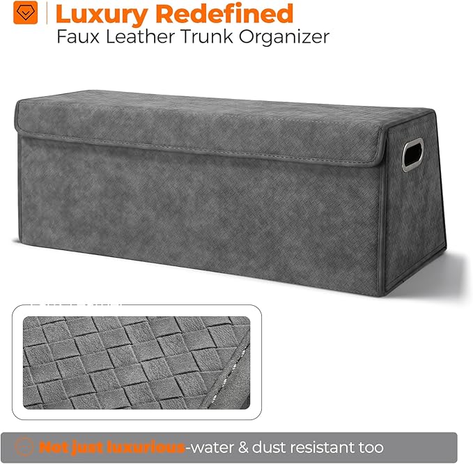 Fyzeoty Car Organizers and Storage - Trunk Organizer for Suv Car,Car Trunk Leather Storage Box,Extra Large,Magnetic Lid,Collapsible and Adjustable Trapezoidal - Grey