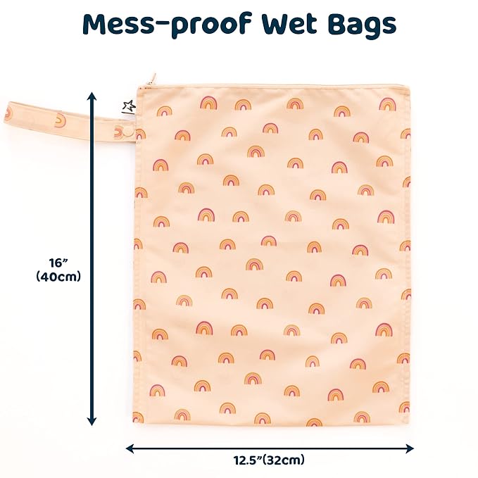 Tiny Twinkle Mess Proof Wet Bags | 2-Pack Reusable Waterproof Wet Bags for Swimsuits | Baby Clothes | Travel & Diaper Bag (Boho Rainbow)