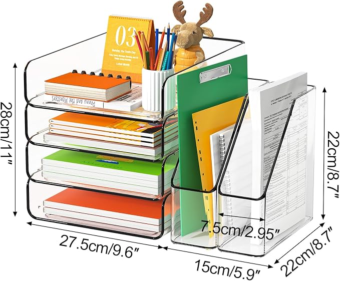 FANXIYQ 4-Tier Acrylic Paper Tray Organizer with Bookends, Clear Stackable Letter Tray Organizer for Desk, Acrylic File Organizer & Office Paper Organizer, Desk Accessories for Home Office