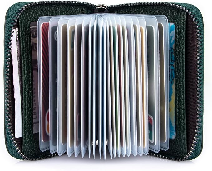 Suweibuke Genuine Leather Credit Card Holder Zipper Wallet RFID Blocking Secure Card Case ID Case Organizer (Black Green)