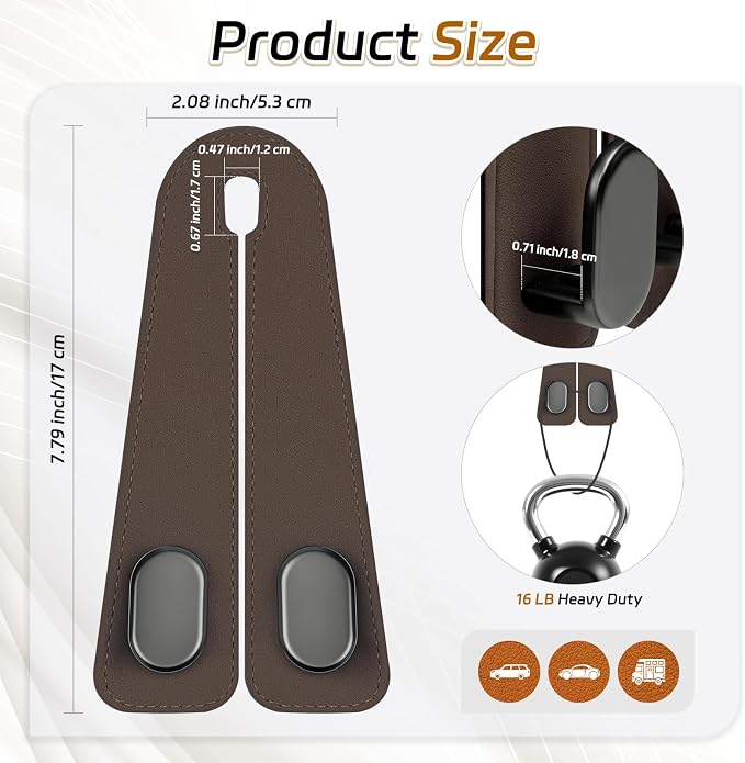 Car Seat Headrest Hooks - 4 Pack Universal Car Purse Hook, Leather Car Bag Purse Holder with Double Metal Hooks for Handbags, Grocery Bags, Bottles, Phones, Brown