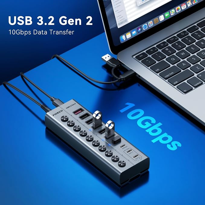 FIDECO 10-Port 72W Powered USB Hub, USB C Hub with 1 BC1.2, 2 PD 45W Charging Ports, and 7 USB 3.2 Ports (5 USB-A + 2 USB-C), Aluminum 10Gbps USB Hub for Laptop, PC, MacBook, iPhone 17/16/15, Grey