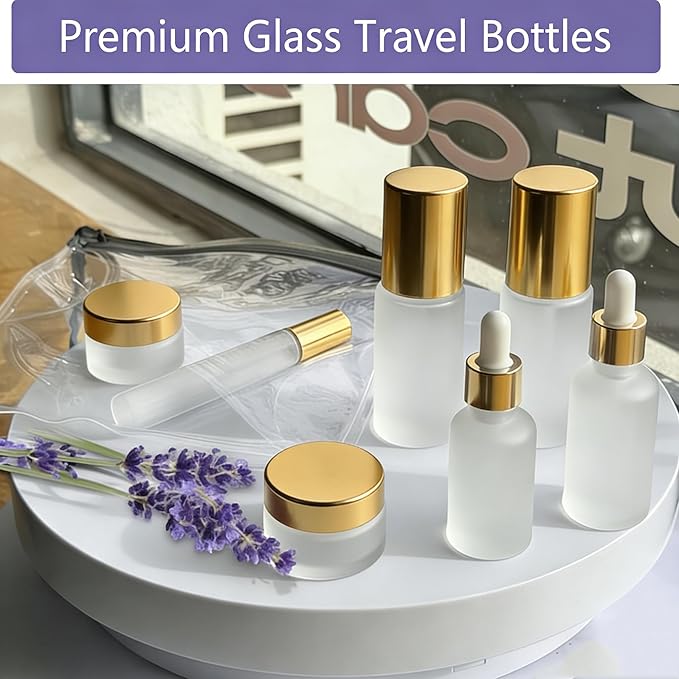 18Pack Glass Travel Bottles for Toiletries, TSA Approved Glass Travel Containers 1.35/0.7/1 oz Golden Small Travel Bottles with Label, BPA Free Leak Proof with Pump Spray Bottles for Makeup, Skincare