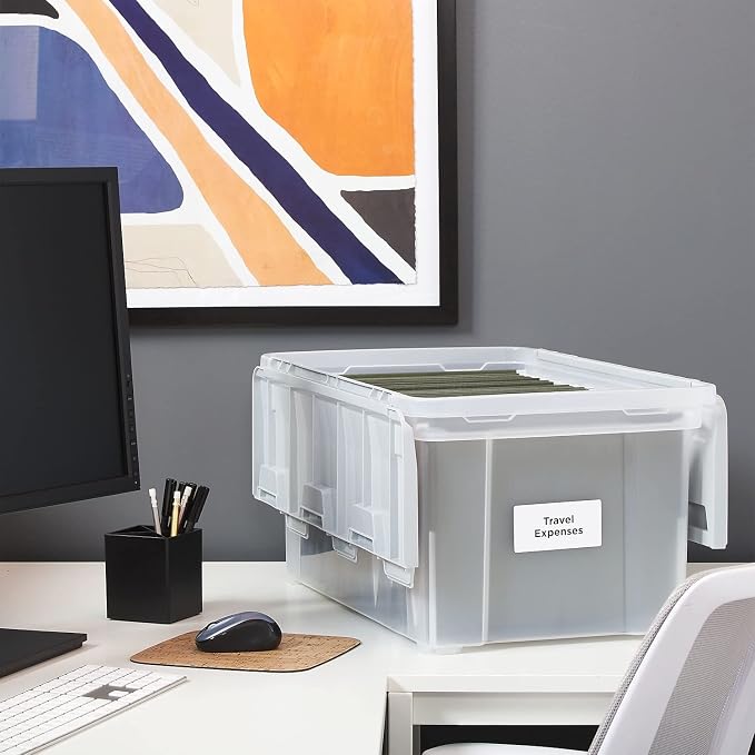 STAPLES Hanging File Folder Box, Storage Bin Organizer, Wing Lid, Letter Size Documents, Gray/Clear