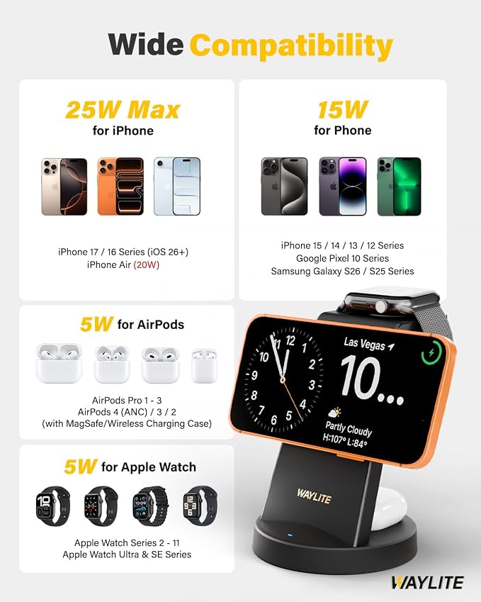3 in 1 Fast Charging Station for iPhone, 25W Wireless Magnetic Phone Charger for iPhone 17 16e 16 15 14 13 12 Serise, Watch Charger Stand, Wireless Charging Station for AirPods 4 3 Pro, Dark Black