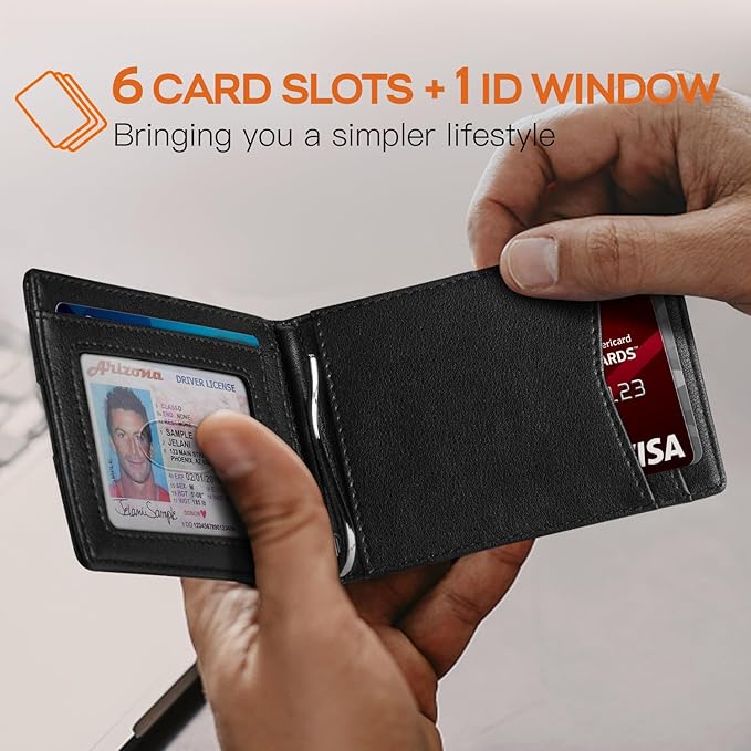 RUNBOX Slim Wallet for Men Genuine Leather RFID Blocking Bifold Minimalist Front Pocket Mens Wallet with Money Clip Thin Gift Box