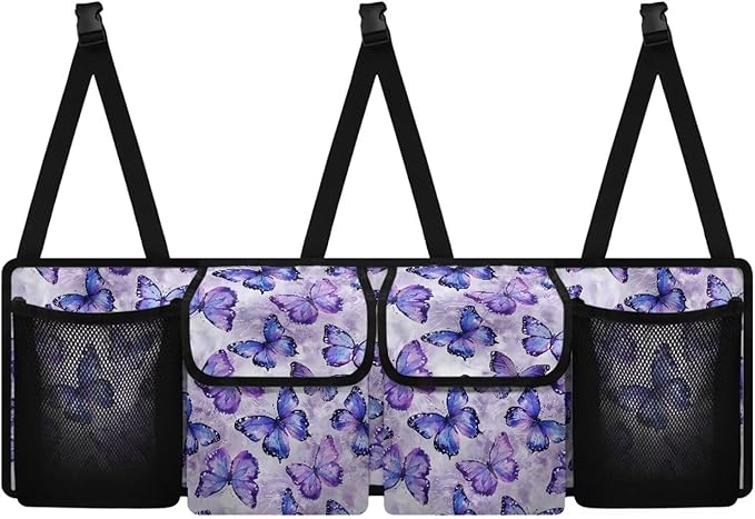 Purple Butterfly Car Trunk Organizer with Lid Backseat Hanging Storage Bag Waterproof Collapsible Cargo Bag Auto Organizer for SUV, Truck, Van