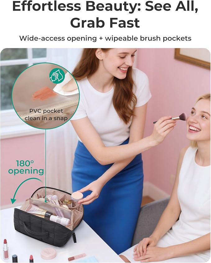 BAGSMART Travel Makeup Bag for Women, Portable Water-resistant Cosmetic Case, Puffy Padded Make Up Organizer Pouch, Open Flat Toiletry Bag for Toiletries, Brushes, Coffee