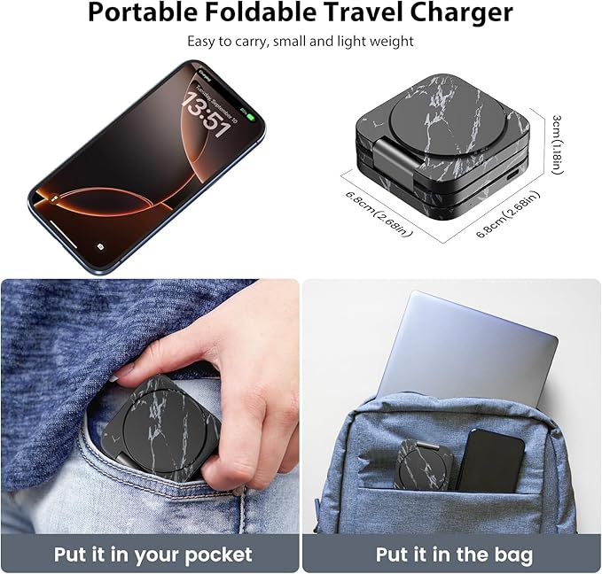 KU XIU X55 Nature Series Fast Magnetic Wireless Charger, Foldable 3 in 1 Charging Station for Apple, Mag-Safe Travel Charger Stand for iPhone 17 16 15 14 13 Series, Apple Watch & AirPods-Marble Black