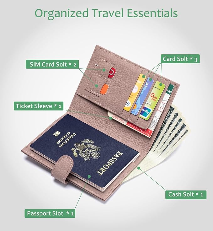 RFID Blocking Passport Holder for Travel Women with Gift Box | Genuine Leather Passport Cases for Travel Men, Slim Travel Wallets with Card Slots, Zipper Coin Pocket – Mauve Pink