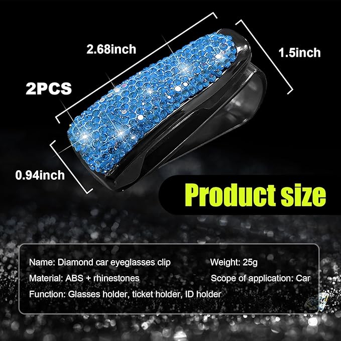 Dickno 2 PCS Bling Sunglasses Holder for Car Sun Visor, Crystal Rhinestones Eyeglasses Hanger Mount with Ticket Card Clip, Universal Vehicle Visor Decor Accessories for Women (Light Blue)
