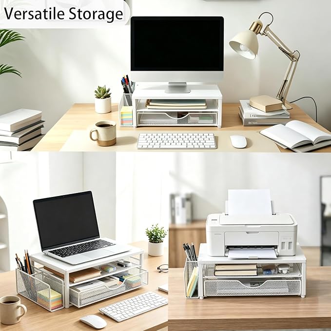 Spacrea Desk Organizer and Accessories, Computer Monitor Stand Riser with Drawer and 1 Open Pen Holder, Printer & Laptop Stand, Office Desk Accessories for Home Office Supplies (White)