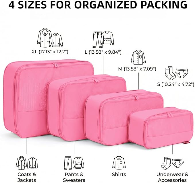 4 Piece Compression Packing Cubes for 3–7 Day Travel, Space Saving Travel Organizers with Breathable Mesh, Double-Zipper Packing Cubes for Carry-On & Suitcases (Pink)