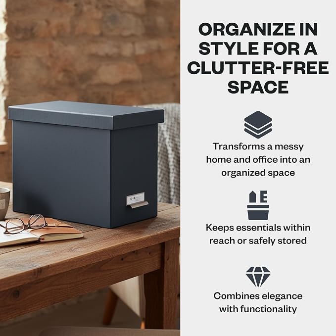 Bigso John Fiberboard Label Frame Desktop File Storage Box - Document Organizer for Important Paperwork - Durable Hanging File Box with a Lid & Metal Label Window - 7.36 x 13.38 x 10.51 in - Dark Grey