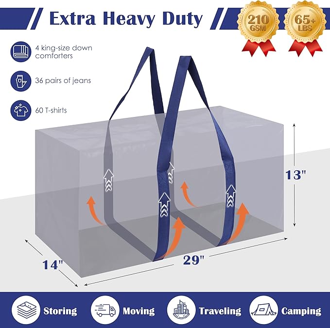 6 Pack Moving Bags Heavy Duty 210GSM with Full-Open Side Zipper, 93L 65lbs Waterproof Foldable Storage Totes for College Dorm Move-In, Moving Boxes Alternative & Home Organization, Blue