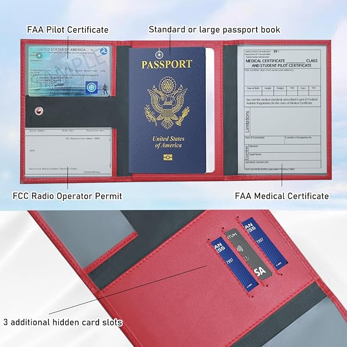 Pilot Wallet Passport Holder RFID Blocking Nappa Leather Travel Wallet, Stylish Travel Companion for Aviation Professionals (Red)