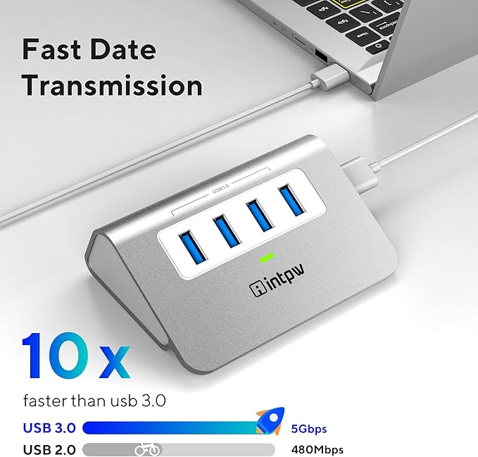 USB 3.0 Hub, Aluminum 4 Port USB Data Hub 3.0 Port Extender Multiport Adapter with 3.3ft Cable ，USB Splitter for Laptop, PC/Xbox/Flash Drive/Printer/Camera/Keyborad/Mouse