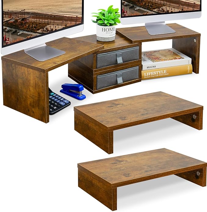 TEAMIX 2 Pack and 2 Drawers Rustic Brown Wood Monitor Stand Riser for 2 Monitors/Laptop/PC, Wood Screen/TV Stand Desk Organizer.
