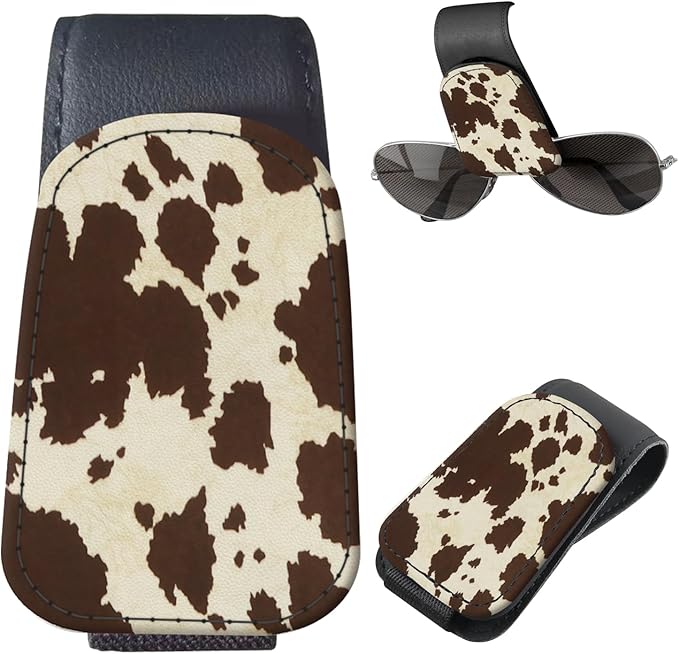 Sunglasses Holder for Car Visor, PU Leather Glasses Clip Organizer, Cute Magnetic Eyeglass Holder for Vehicle Sun Visor, Car Interior Accessory for Women & Men Brown Cow Fur