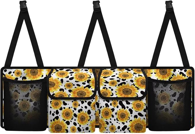 Sunflower Cow Car Trunk Organizer Backseat Cargo Storage Bag with Elastic Net Collapsible Pouch SUV, Truck, MPV Car Accessories