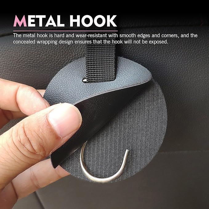 2PCS Car Headrest Hooks, Leather DIY Concealed Seatback Hook, Heavy-Duty Metal Storage Hanger for Purse Bags, Universal for Most Cars, SUVs, Trucks (Black)