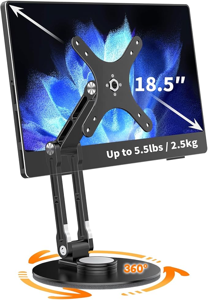 Portable Monitor Stand VESA Mount, Tilt & Rotation Joints Use Metal Hinges, Foldable Aluminum Desk Mount for 13-18.5 Inch & up to 5.5 lbs Small Monitors, Suitable for Home Office Travel (Black)