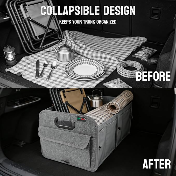 PAT SAM'S Trunk Organizer for SUV, Foldable Car Storage Organizer with Dividers, Waterproof Oxford, Collapsible Car Storage Box with Pockets for Grocery, Tools, Travel (Beige)