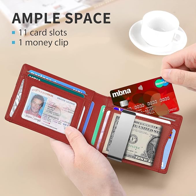 RUNBOX Slim Money Clip Wallets for Men RFID Blocking 11 Card Holder Minimalist Small Leather Bifold Men's Front Pocket Wallet Gift Box