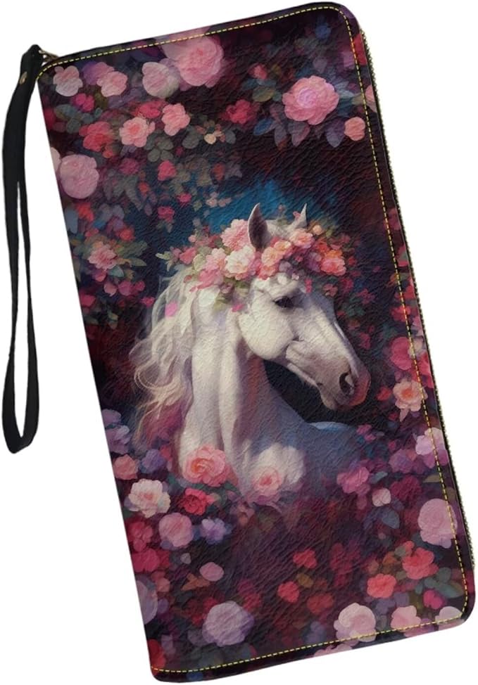 Bulopur Rose Floral Horse Women's Wallet Wristlet Ladies Phone Purse RFID Blocking Card Holder Grip Hand Strap Double Zip PU Leather Waterproof Handbag Purse Gifts