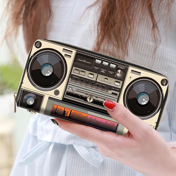 Women's Large Capacity Wallet PU Leather Zip Around Clutch Purse Multifunctional Wallet with Removable Wristlet Strap for Smart Phone/Coin/Card/Cash - Retro Radio
