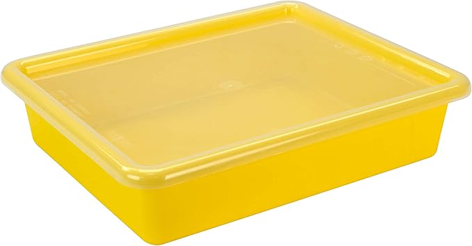 Storex Letter Size Flat Storage Tray – Organizer Bin with Non-Snap Lid for Classroom, Office and Home, Yellow, 5-Pack (62538U05C)