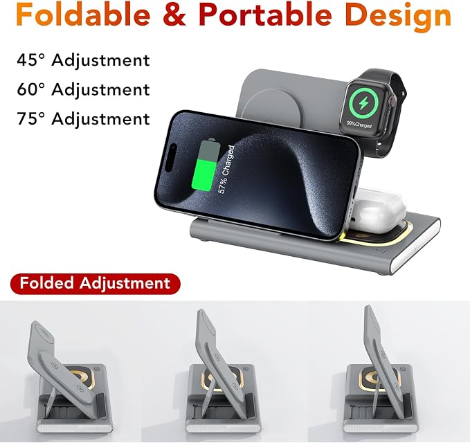 3 in 1 Charging Station for iPhone 17 - Wireless Charger for Apple Products for iPhone 17 16 15 14 13 12 11 Pro Max - Foldable Wireless Charging Station Dock Stand for iWatch Series & AirPods(Gray)