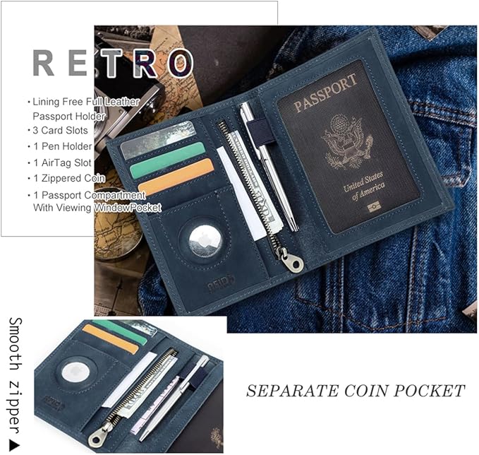 CONTACTS Full Grain Leather Passport Holder RFID Blocking Travel Passport Wallet Compatible with Airtag Passport Cover Case with 4 Card Slots, Coin Pocket (US Passport Stamp, Blue)