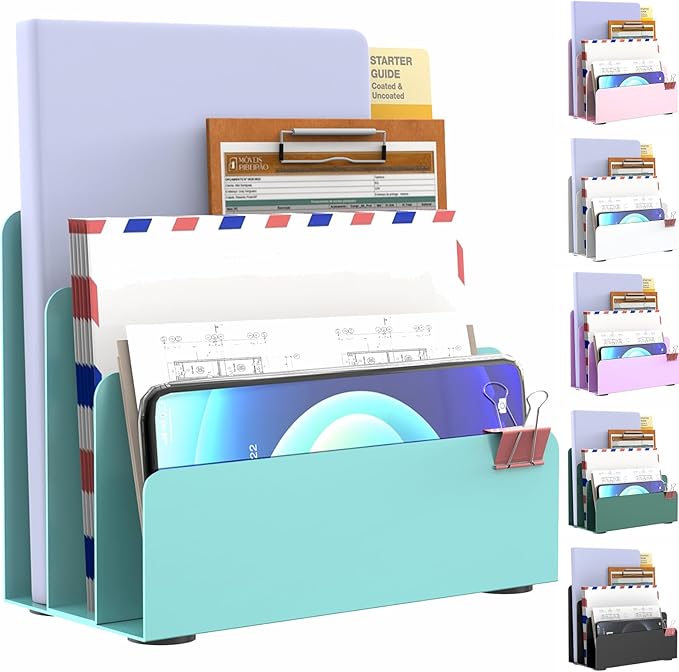 Mail Organizer Countertop, Small Desk File Organizer, Metal File Holder - Essential Workspace Organizers for Office Desk, Home Office (Blue)