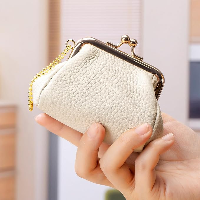 Genuine Leather mini Coin Purse, Small Vintage Kiss Lock Jewelry Storage Organizer, Cute Lipstick Jewelry Storage Case for Women (Black)