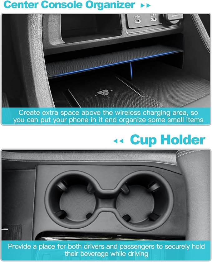 CDEFG 4Pcs for 2026 Honda Passport Center Console Organizer, for 2023 2024 2025 2026 Honda Pilot Accessories Middle Console Divider Storage Box & Armrest Tray & Wireless Charging Cover & Cup Holder