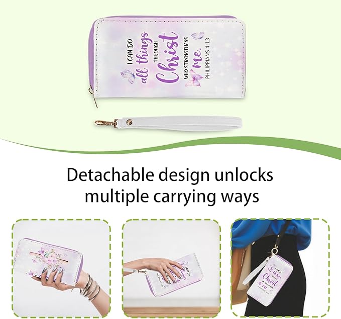 Christian Gift for Womens Wallet - Small Slim PU Leather I Can Do All Things Christ Wallet for Women with Zipper, Credit Card Holder Wallets, Wristlet Wallets for Female Girl (Inspire Religion Gift)