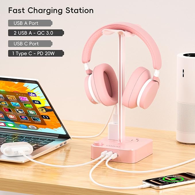 Pink Headphone Stand with USB Charger, Gaming Headset Holder with 3 USB Ports & 2 AC Outlets, PD Fast Charging & QC3.0, Desk Organizer for Girls, Gifts for Her,Girlfriend,Teen, Pink Gaming Accessories
