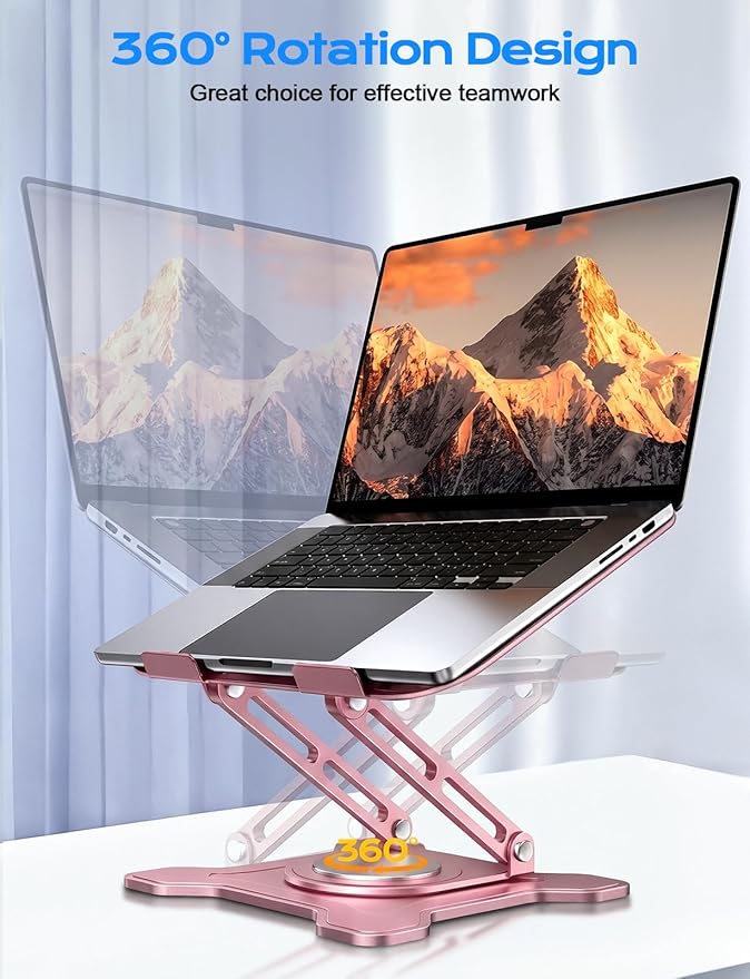Adjustable Laptop Stand for Desk, 360° Rotating Base Ergonomic Computer Stand, Laptop Riser Foldable Protable for Office Home Fits Compatible with MacBook Pro/Air Notebook up to 10-16" Pink