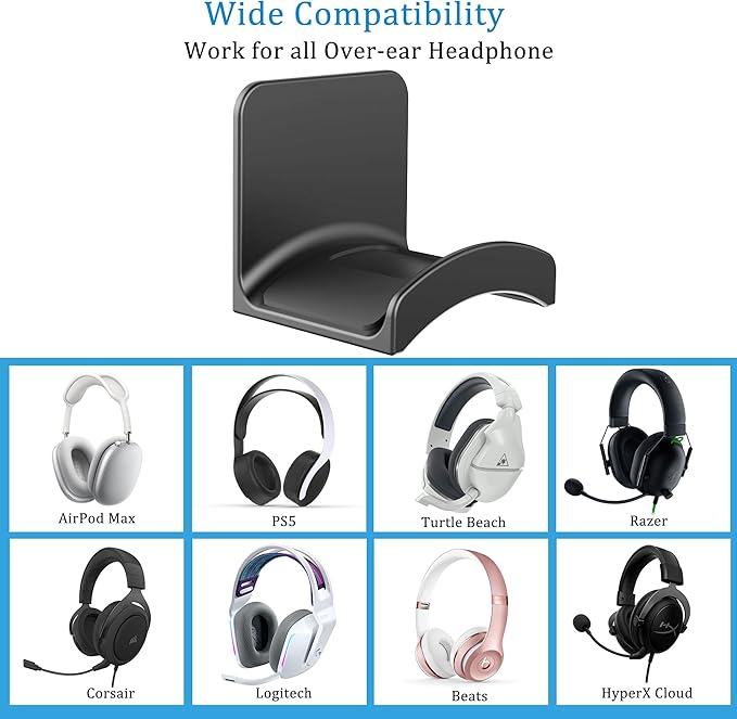 SOKUSIN Headphone Stand Headset Holder - Adhesive Gaming Earphones Hanger, Universal Desk Wall Mount Hook for All Headphone/Controller, Compatible with Beats, AirPods Max,Sony, JBL (Black-2PCS)
