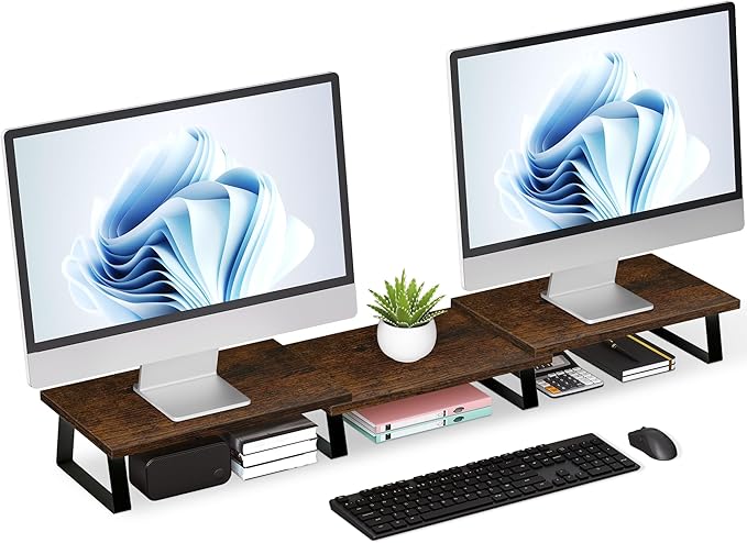 Aothia Large Dual Monitor Stand - Computer Monitor Stand, Desk Shelf For Monitor,Wood Monitor Stand With Adjustable Length And Angle,Desktop Organizer,Large Monitor Stand For Pc,Laptop(Vintage)