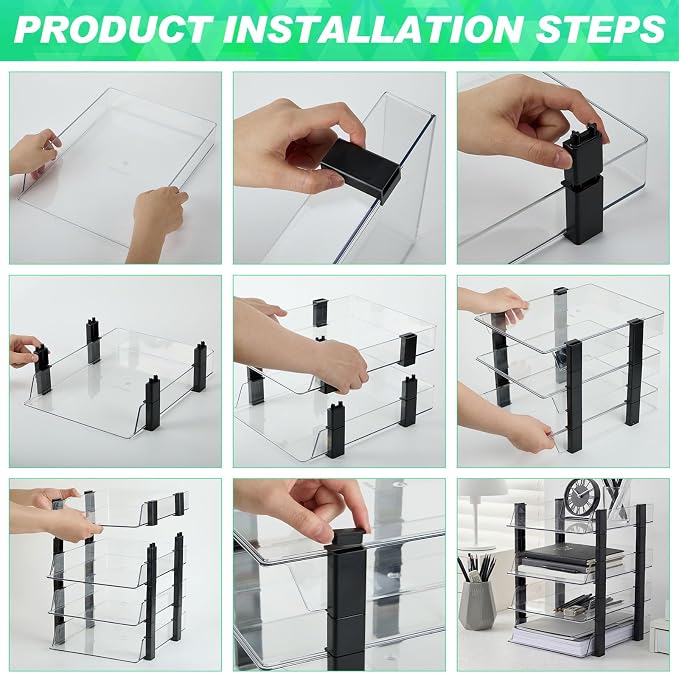 SiliFine 4 Tier Clear Stackable Desk Organizer 12.68 x 10.47 x 12.91 Inch Plastic Letter File Trays Rectangular Paper Storage Holder for Office Desktop Document Classroom Hospital(Black)