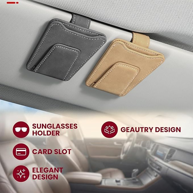 Sunglass Holder for Car Visor, Magnetic Leather Vehicle Eyeglass Hanger Holder, Automotive Interior Sun Visor Glasses Ticket Card Organizer Clip, Universal for SUV RV Lorry (Gray)