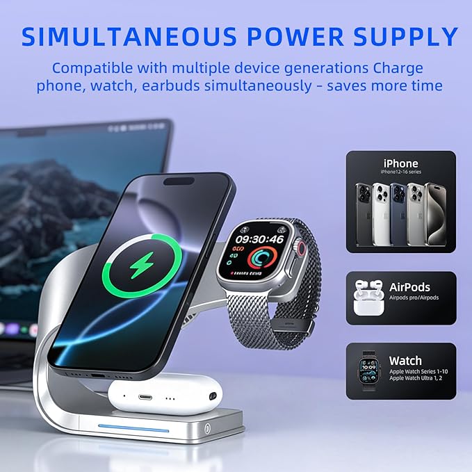 3 in 1 Wireless 15W Fast Charging Station for Apple Devices Dock for iPhone 15/14/13/12 Apple Watch Series 11/10/9/8/SE AirPods Pro 3/2 Bedside Charging Stand with Nightstand Organizer (Silvery)