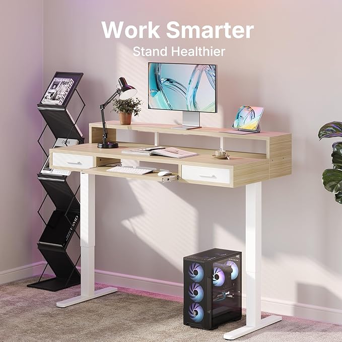 HUANUO 63″ x 26″ Electric Standing Desk with 2 Drawers &24.4″ Large Keyboard Tray, C-Clamp Mount Compatible, Adjustable Computer Desk for Office, Sit Stand Up Desk with 4 Height Presets, Light Walnut