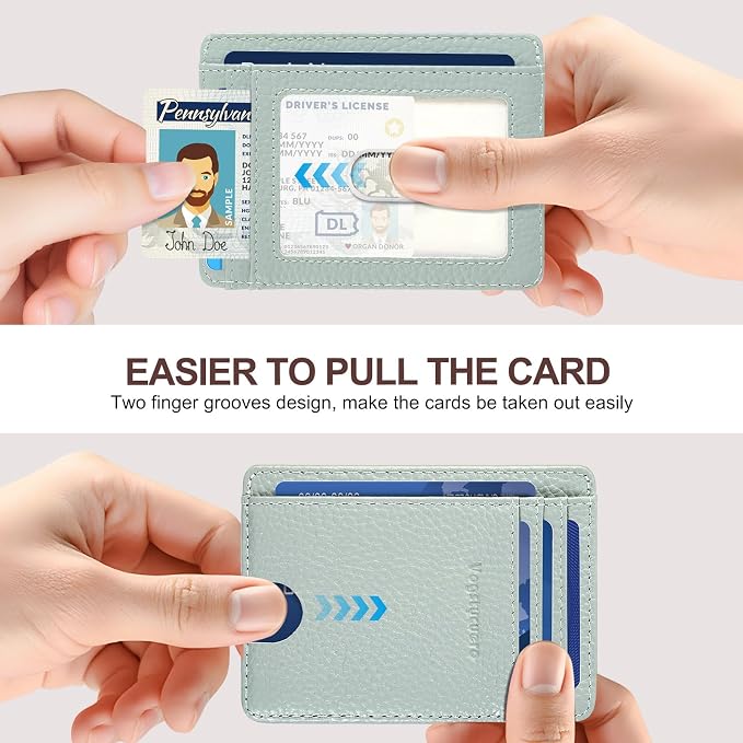 Slim Minimalist Front Pocket Thin Wallet RFID Blocking 100% Genuine Leather Credit Card Holder for men Women, with Gift Box-Lichee Blue Grey